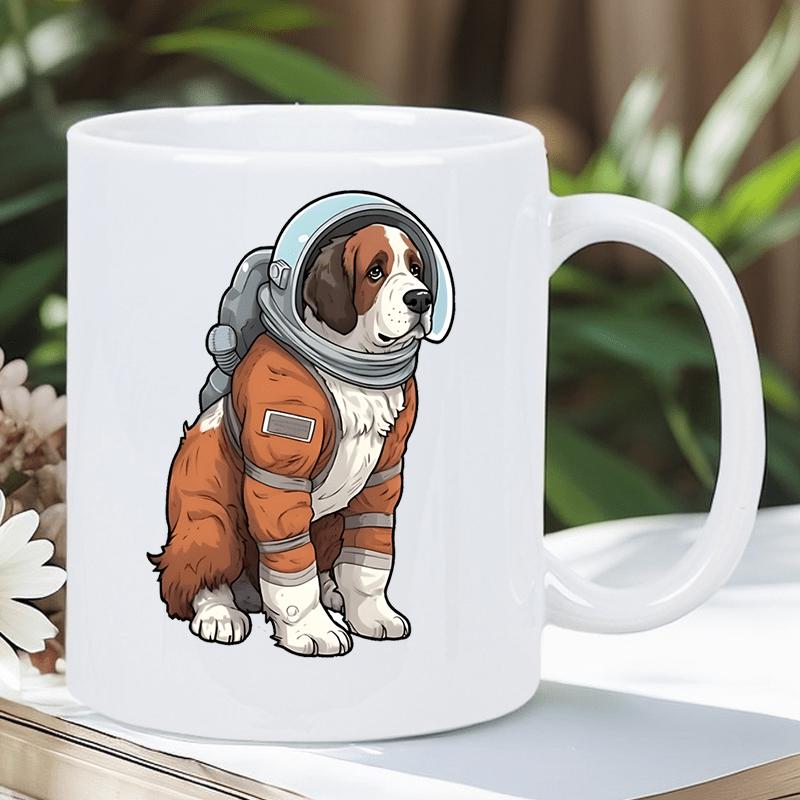 Tailorly White Ceramic 11 oz Mug - Brave Saint Bernard Sitting In An Orange Astronaut Suit Under Helmet Dog