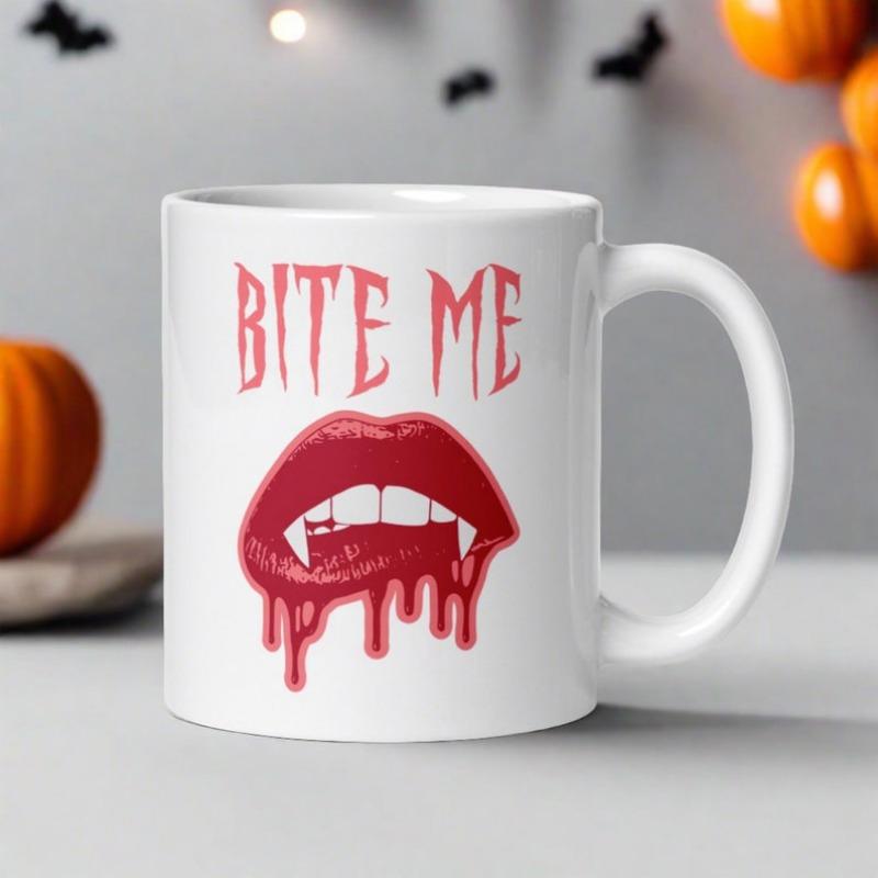 Tailorly White Ceramic 11 oz Mug - Bite Me Bloody Red Fangs With Dripping Liquid For Spooky Halloween Atmosphere Lips