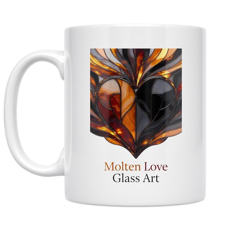 Tailorly White Ceramic 11 oz Mug - Molten Love Glass Art Abstract Swirling Textures Of Golden Amber And Dark Obsidian Molten Heart
