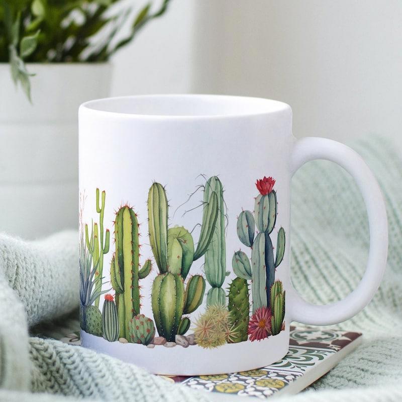 Tailorly White Ceramic 11 oz Mug - Vibrant Hand Painted Desert Plants Growing Together Among Small Stones Cactus