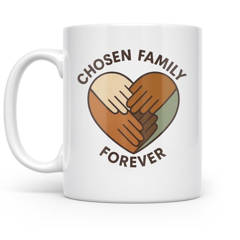 Tailorly White Ceramic 11 oz Mug - Chosen Family Forever Diverse Skin Tones Interlocking Hands Forming Heart Shape Showing Unity And Love Hands