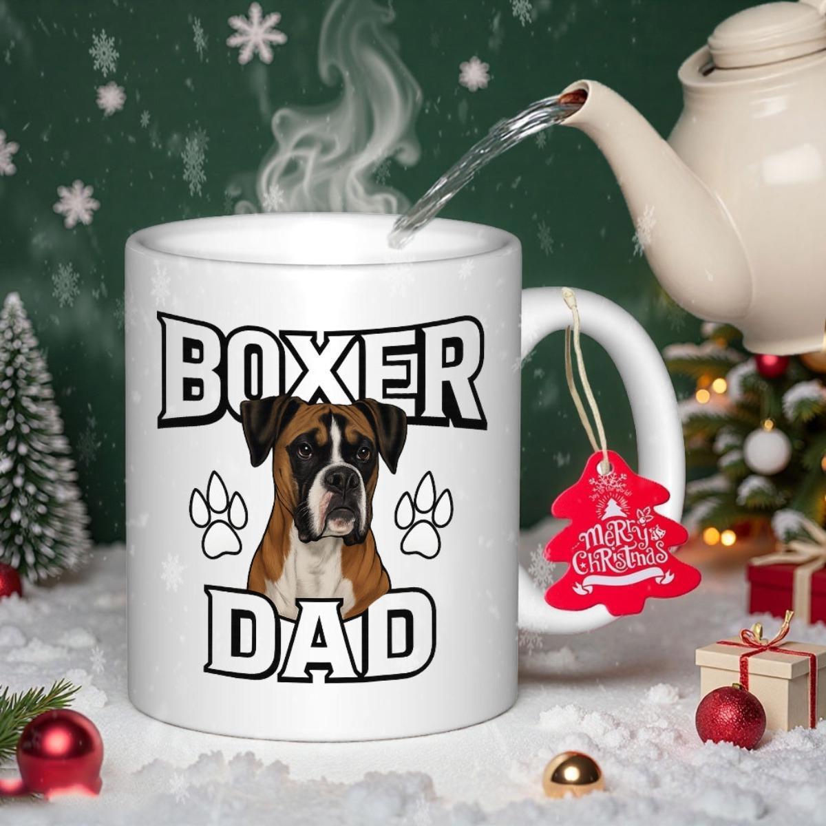 Tailorly White Ceramic 11 oz Mug - Boxer Dad Realistic Brown And White Canine Face Among Small Paw Print Icons Boxer