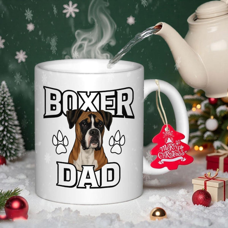Tailorly White Ceramic 11 oz Mug - Boxer Dad Realistic Brown And White Canine Face Among Small Paw Print Icons Boxer
