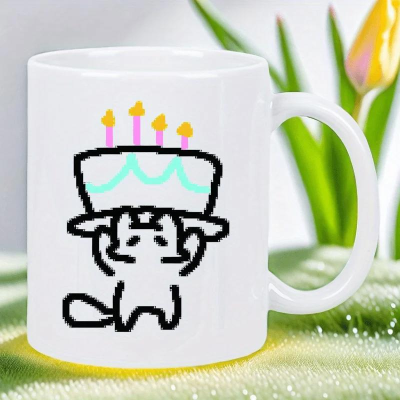 Tailorly White Ceramic 11 oz Mug - Adorable Minimalist Doodle Style White Cat Holding Festive Birthday Cake Cat