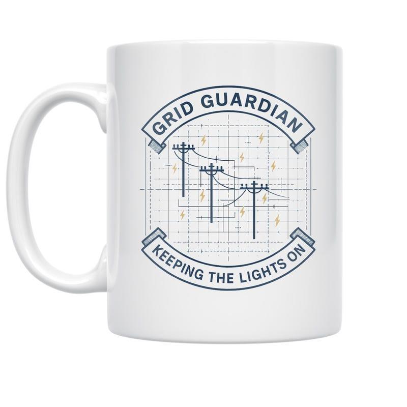 Tailorly White Ceramic 11 oz Mug - Grid Guardian Keeping The Lights On Utility Power Lines Standing Tall Within A Blue Technical Grid Design