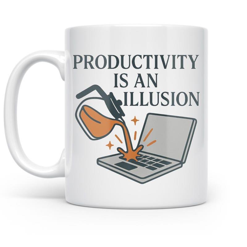 Tailorly White Ceramic 11 oz Mug - Productivity Is An Illusion Steaming Coffee Being Poured From A Pot Onto A Modern Laptop