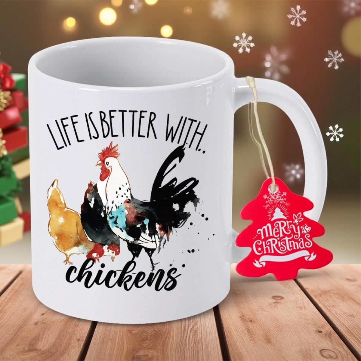 Tailorly White Ceramic 11 oz Mug - Life Is Better With Chickens Vibrant Watercolor Farmhouse Birds Standing Together In A Rustic Style Chicken