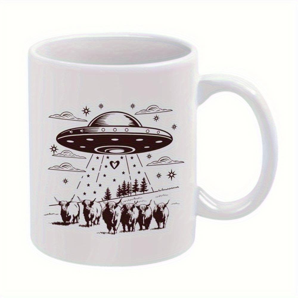 Tailorly White Ceramic 11 oz Mug - Mysterious Spacecraft Hovering Above Cows In A Starry Night Forest UFO