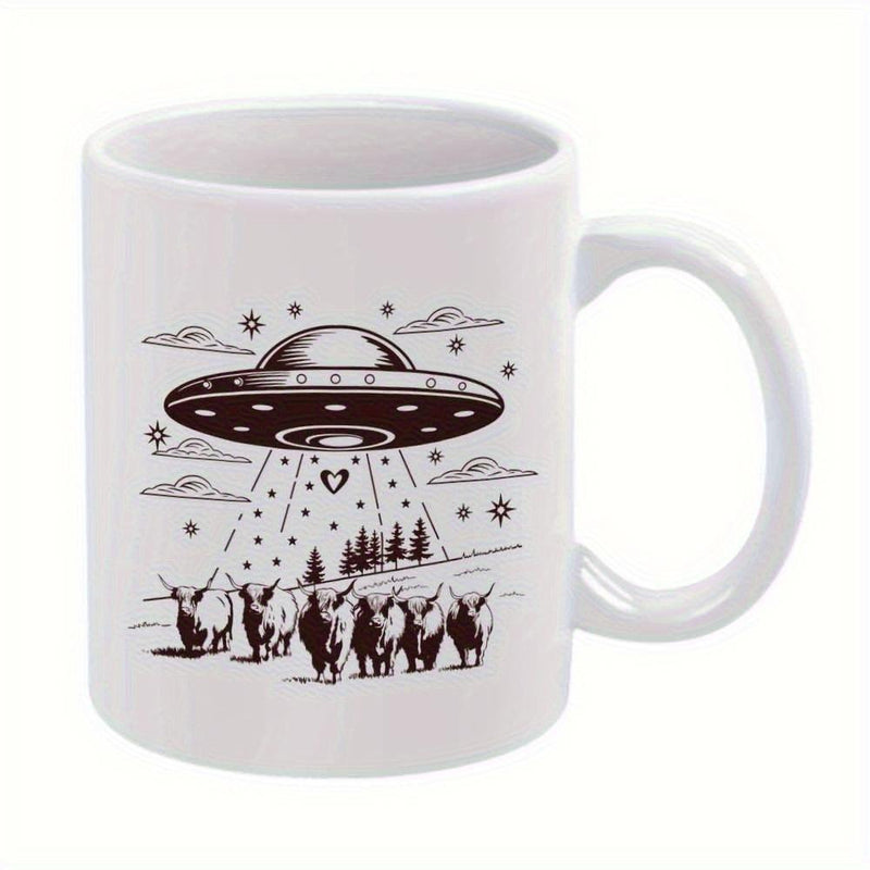 Tailorly White Ceramic 11 oz Mug - Mysterious Spacecraft Hovering Above Cows In A Starry Night Forest UFO
