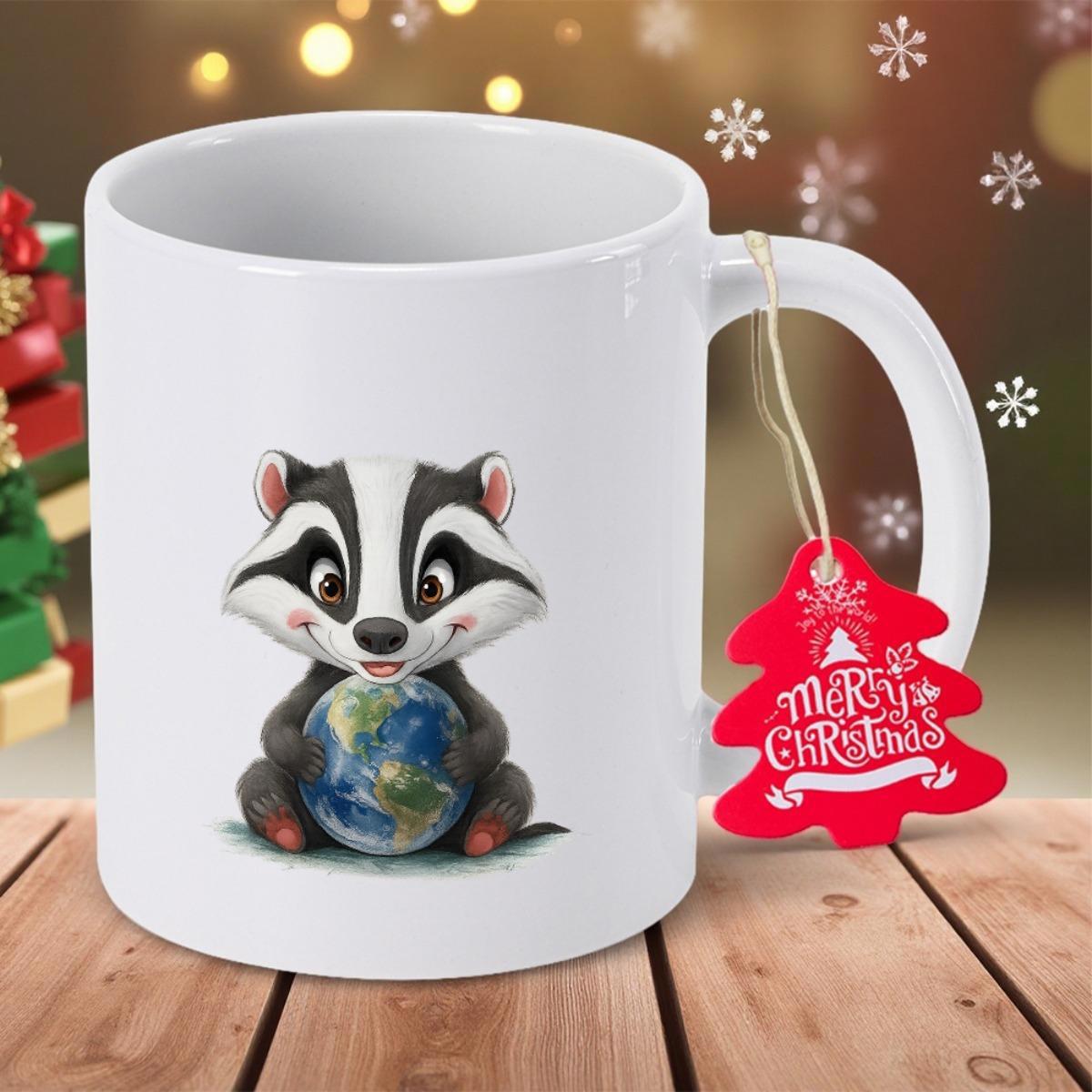 Tailorly White Ceramic 11 oz Mug - Merry Christmas Adorable Badger Holding Small Planet Earth In Gentle Light Badger