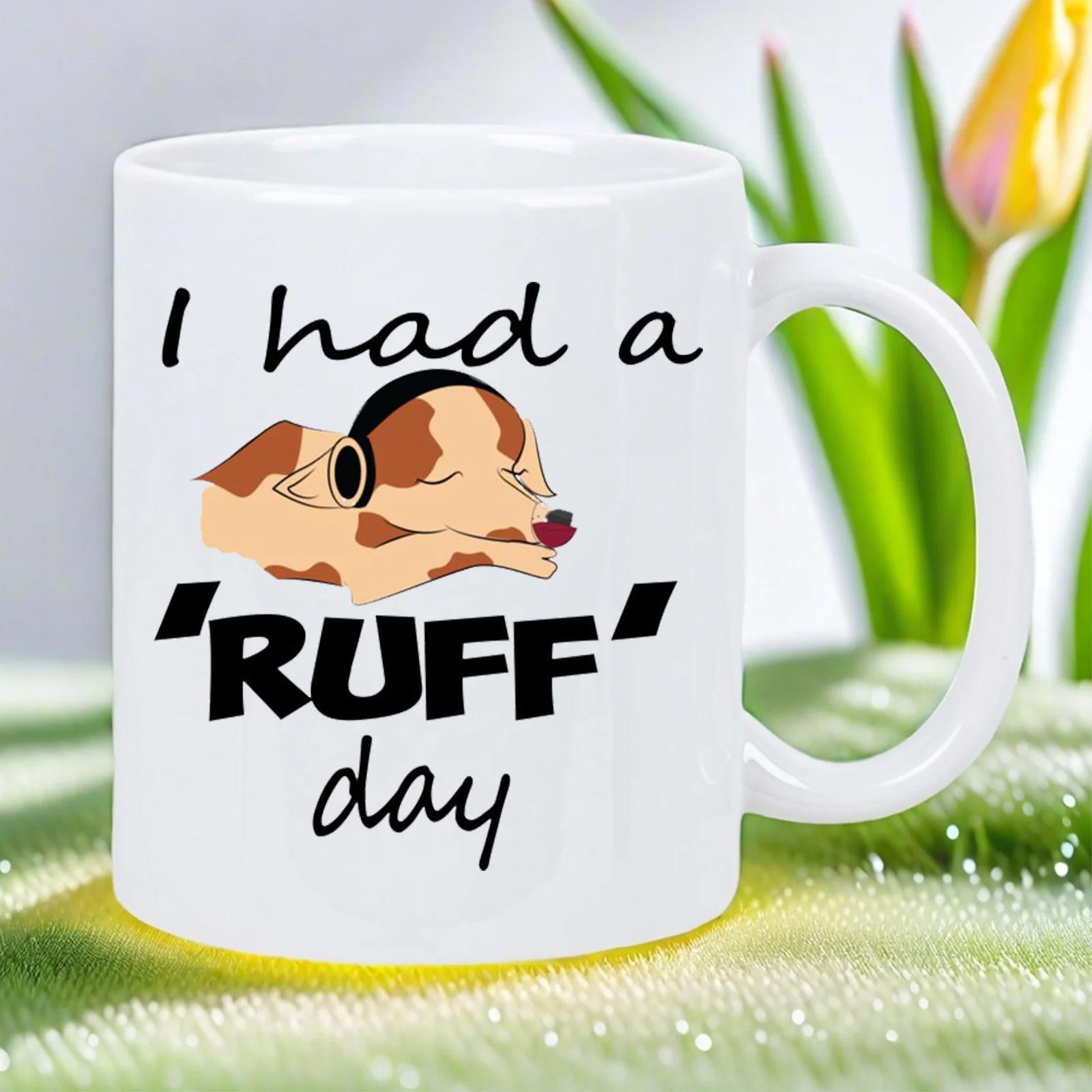 Tailorly White Ceramic 11 oz Mug - I Had A Ruff Day Sleeping Brown And White Puppy Wearing Headphones Resting On Ground Dog