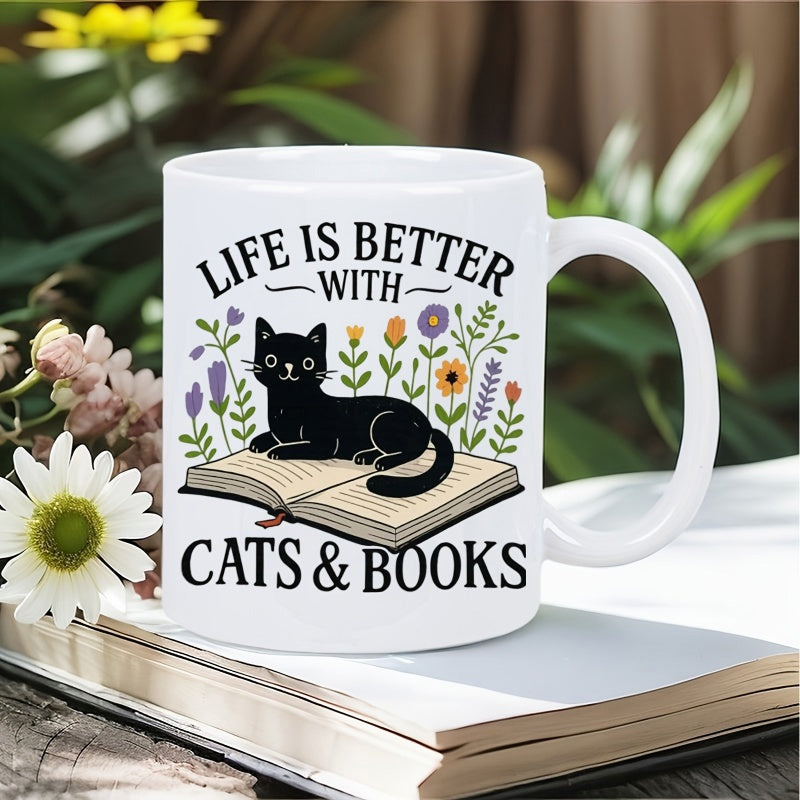 Tailorly White Ceramic 11 oz Mug - Life Is Better With Cats Books Relaxed Black Cat Resting Atop An Open Book Among Colorful Flowers Cat