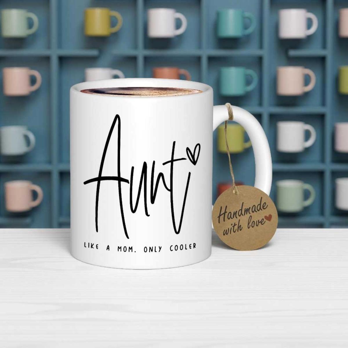 Tailorly White Ceramic 11 oz Mug - Aunt Like A Mom Only Cooler Minimalist Ceramic Style Featuring Elegant Script Lettering With A Small Heart Mug