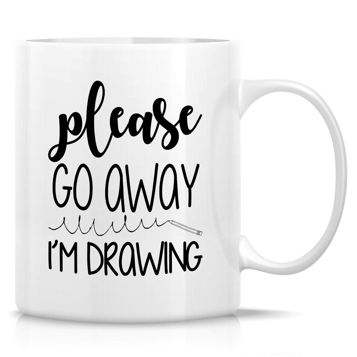 Tailorly White Ceramic 11 oz Mug - Please Go Away I'm Drawing Minimalist Style With Hand Drawn Pencil Scribble Sketching On Ceramic Mug