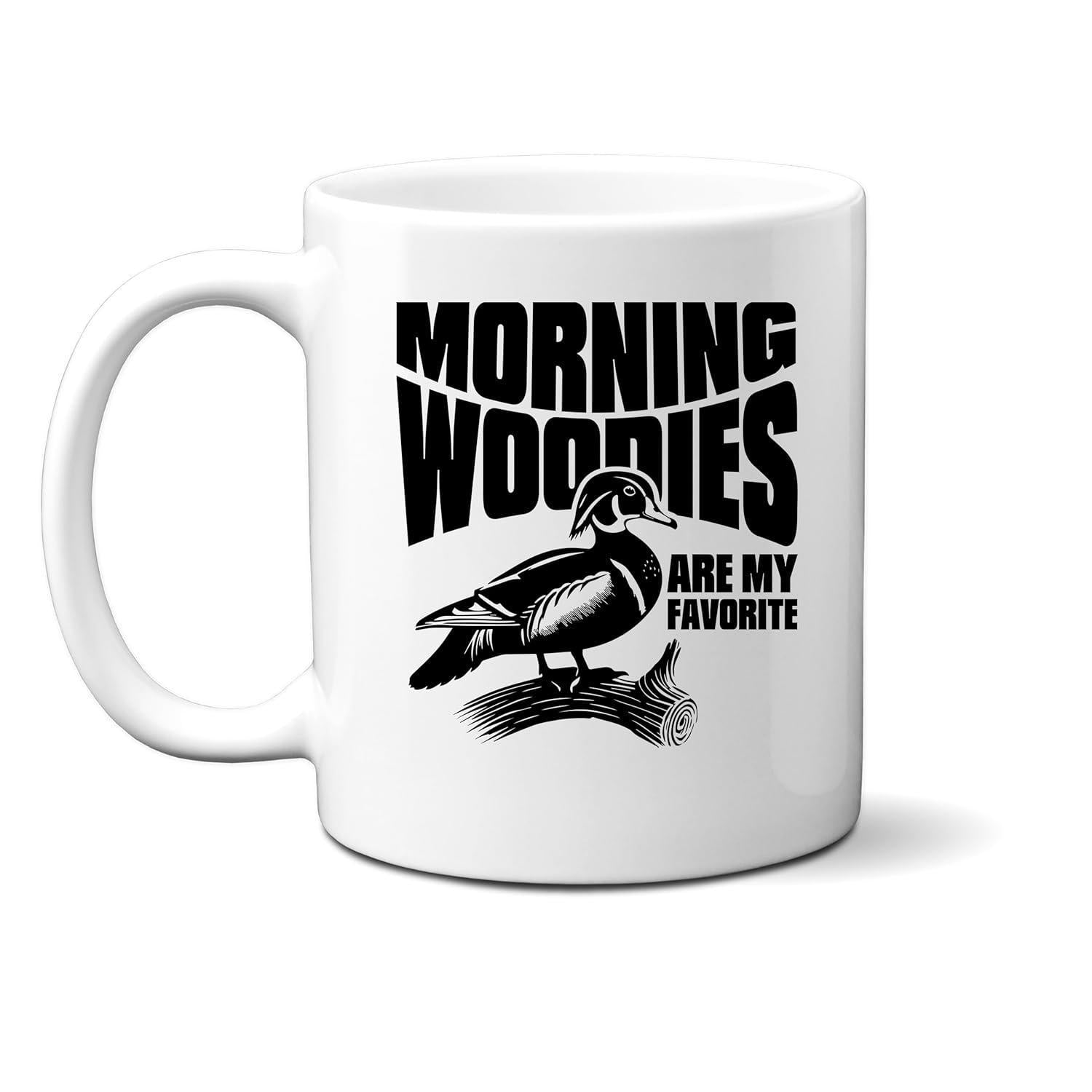 Tailorly White Ceramic 11 oz Mug - Morning Woodies Are My Favorite Vintage Style Detailed Illustration Of A Wood Duck Perched On Branch Duck