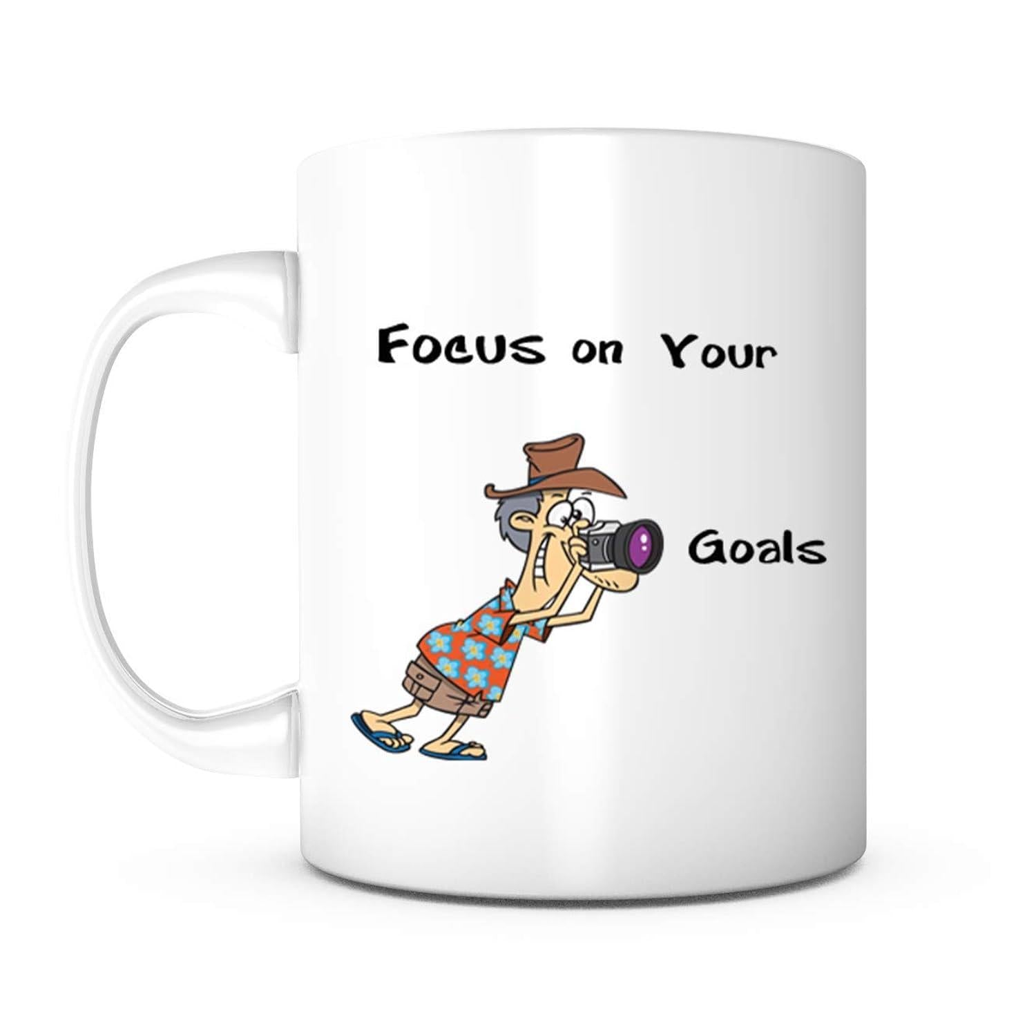 Tailorly White Ceramic 11 oz Mug - Focus On Your Goals Funny Cartoon Tourist Holding Camera Focusing Through Lens Photographer