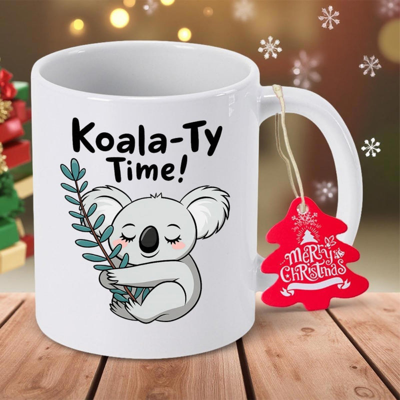 Tailorly White Ceramic 11 oz Mug - Koala Ty Time Adorable Cartoon Koala Hugging A Green Eucalyptus Branch In Sitting Pose Koala