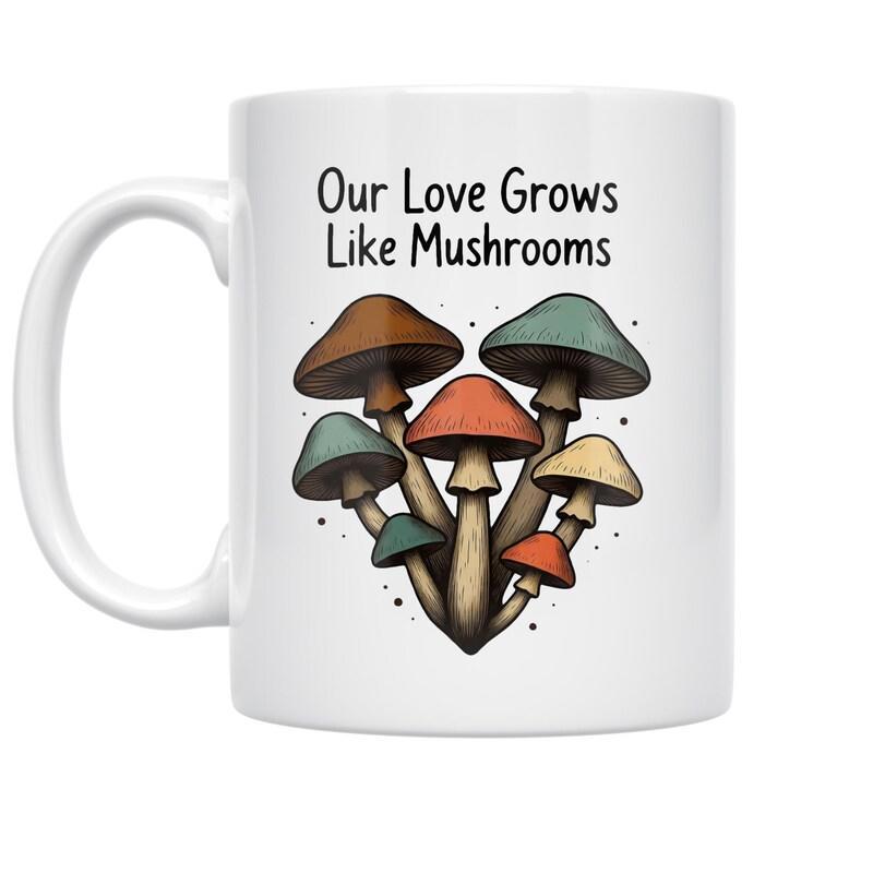 Tailorly White Ceramic 11 oz Mug - Our Love Grows Like Mushrooms Colorful Cluster Forming A Heart Shape In Retro Vintage Hand Drawn Style Mushrooms