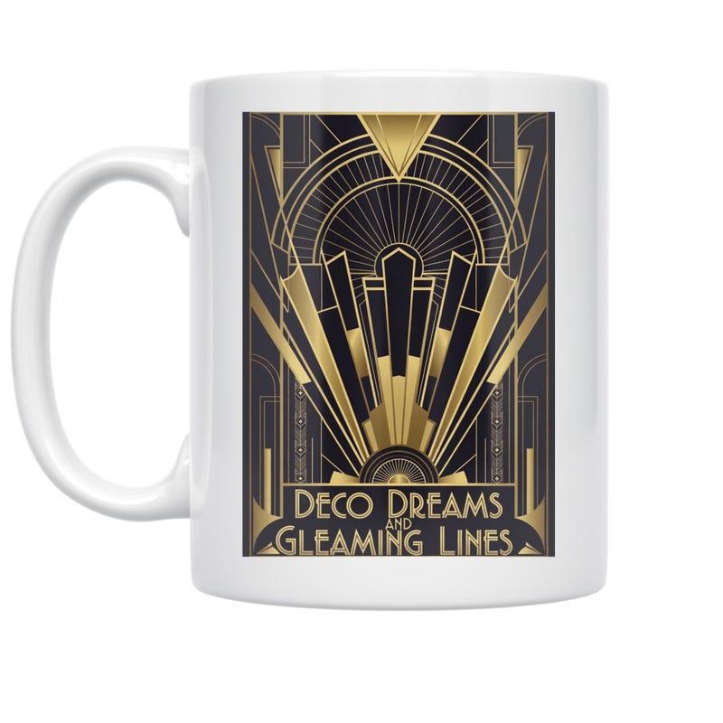 Tailorly White Ceramic 11 oz Mug - Deco Dreams And Gleaming Lines Elegant Golden Geometric Symmetrical Architecture Rising Under Radiant Sunbeams Pattern
