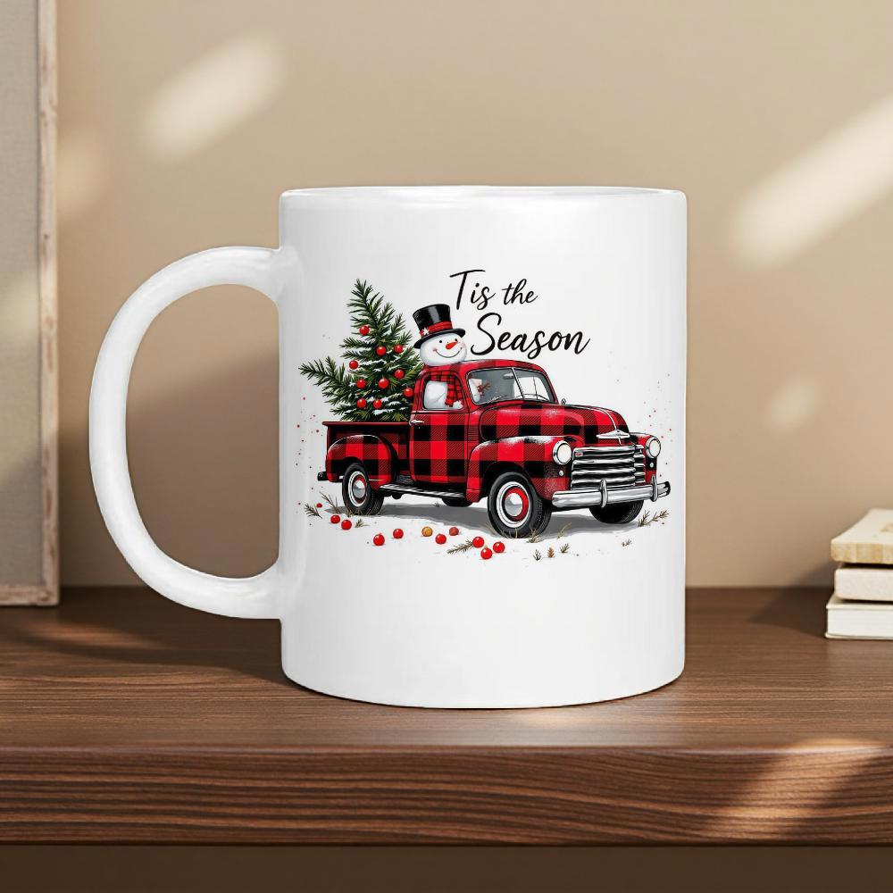 Tailorly White Ceramic 11 oz Mug - Tis The Season Festive Red Plaid Pickup Carrying Evergreen Tree And Small Snowman Truck