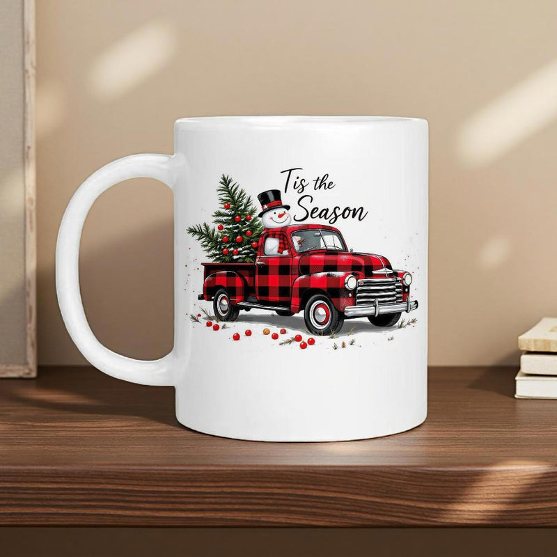 Tailorly White Ceramic 11 oz Mug - Tis The Season Festive Red Plaid Pickup Carrying Evergreen Tree And Small Snowman Truck