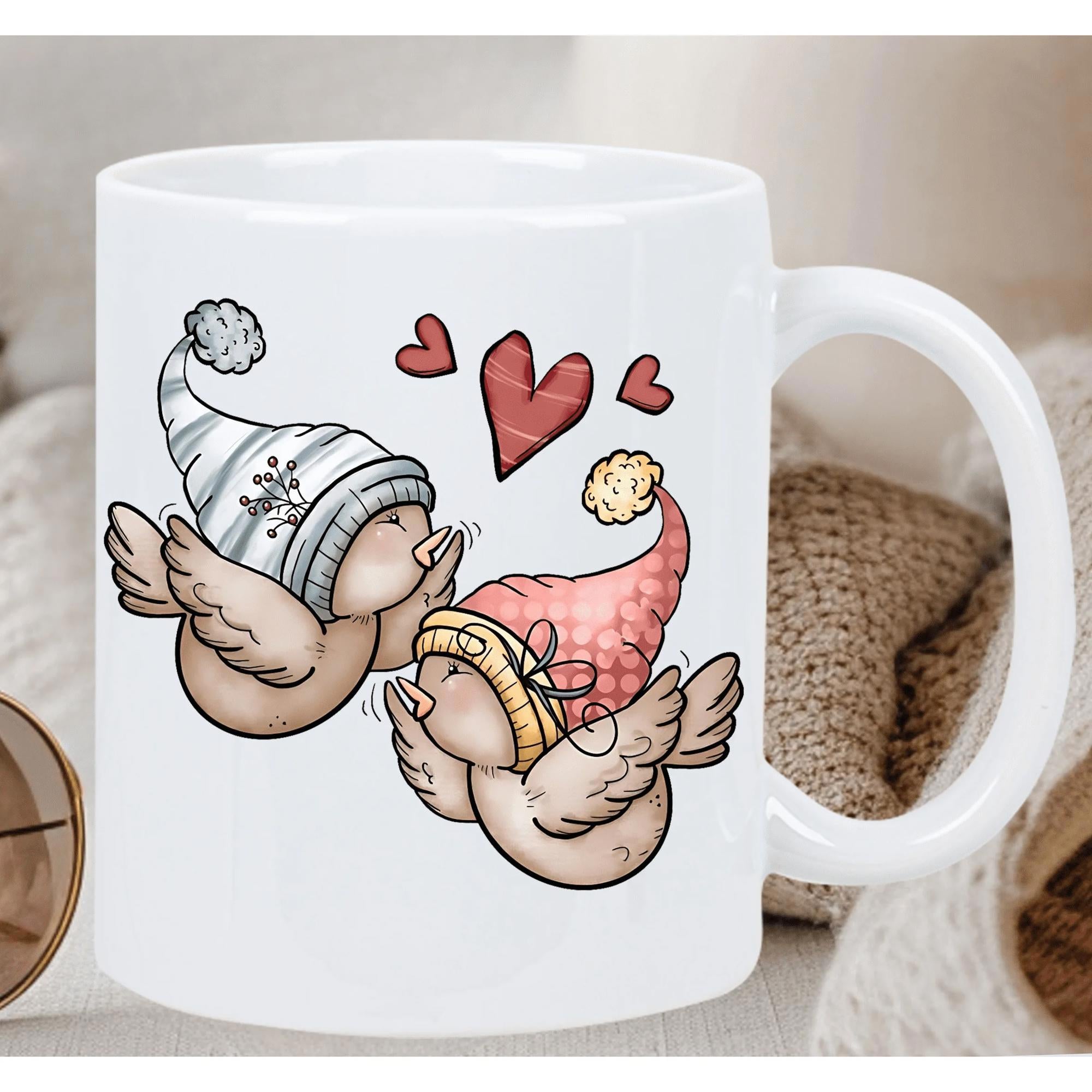 Tailorly White Ceramic 11 oz Mug - Two Cute Cartoon Birds Wearing Winter Hats Sharing Love Among Red Hearts Bird