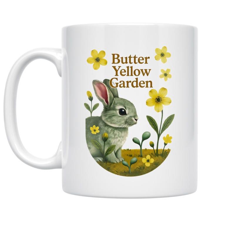 Tailorly White Ceramic 11 oz Mug - Butter Yellow Garden Charming Grey Bunny Sitting Among Vibrant Yellow Flowers In A Sunny Meadow Rabbit