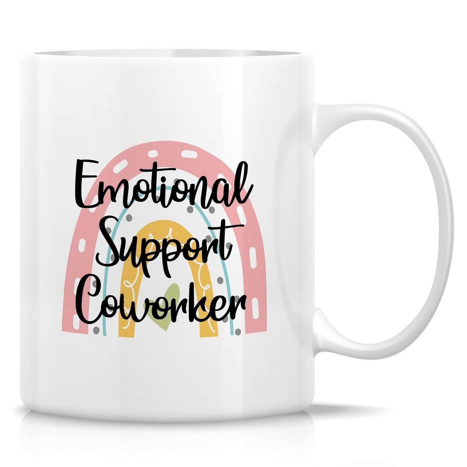 Tailorly White Ceramic 11 oz Mug - Emotional Support Coworker Whimsical Hand Drawn Boho Rainbow With Soft Pastel Arches And Dots Rainbow
