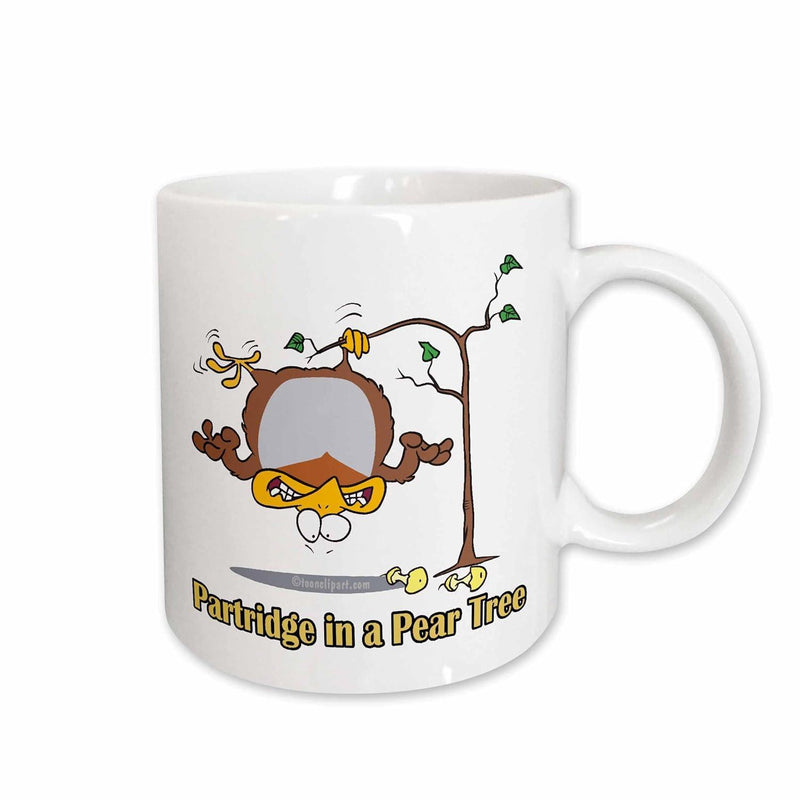 Tailorly White Ceramic 11 oz Mug - Partridge In A Pear Tree Funny Cartoon Partridge Hanging From A Branch With Tiny Leaves Bird