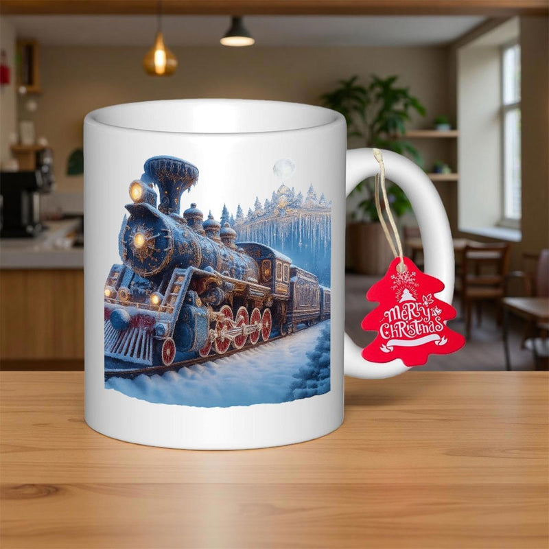 Tailorly White Ceramic 11 oz Mug - Merry Christmas Powerful Vintage Steam Engine Racing Through Wintry Snowy Forest Landscape Train