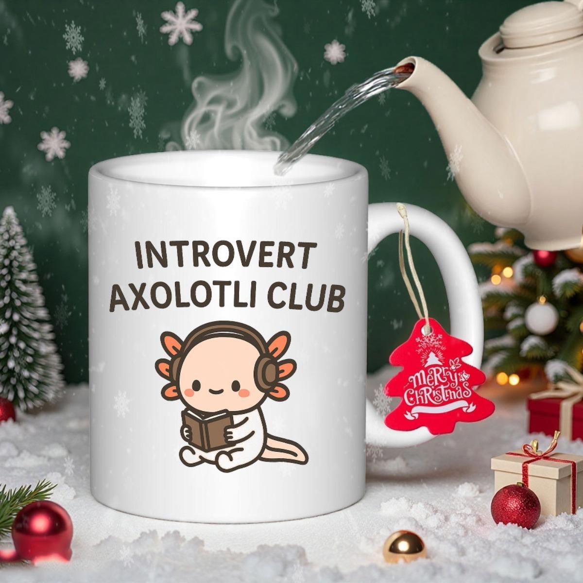 Tailorly White Ceramic 11 oz Mug - Introvert Axolotl Club Cute Cartoon Wearing Headphones Reading A Small Book On Snowy Background Axolotl