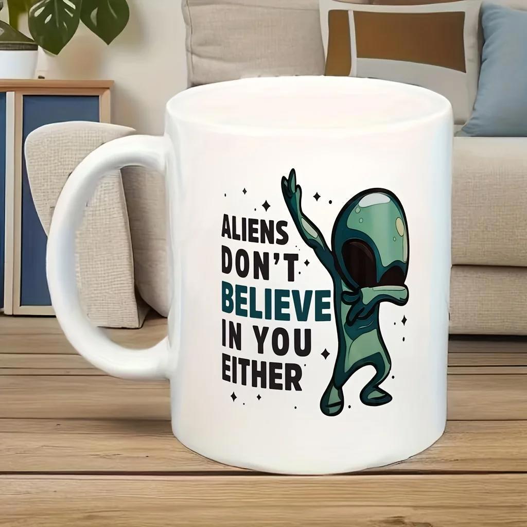Tailorly White Ceramic 11 oz Mug - Aliens Don't Believe In You Either Cartoon Green Alien Dabbing With Energetic Motion Among Floating Black Dots Alien