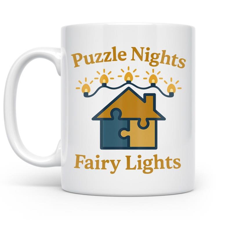 Tailorly White Ceramic 11 oz Mug - Puzzle Nights Fairy Lights Interlocking Colorful Puzzle Pieces Forming A Warm And Cozy House