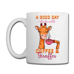 Tailorly White Ceramic 11 oz Mug - A Good Day Starts With Coffee Giraffes Happy Smiling Cartoon Holding A Steaming Pink Cup Giraffe