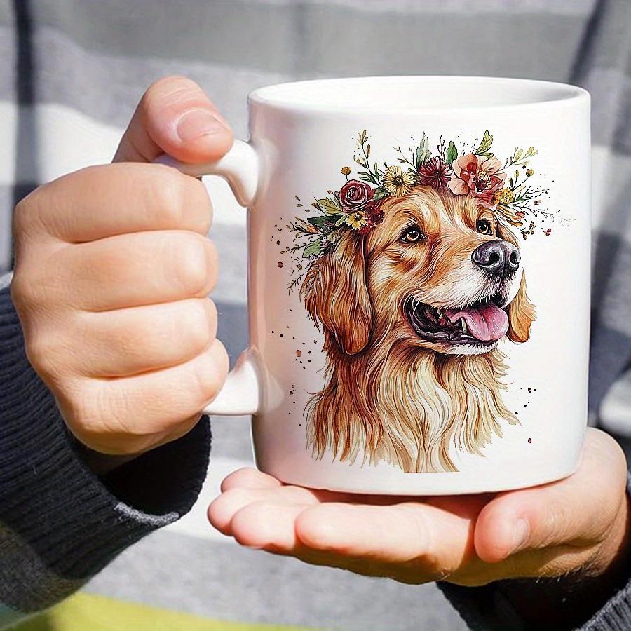 Tailorly White Ceramic 11 oz Mug - Golden Retriever Wearing Colorful Floral Wreath Among Delicate Watercolor Splatters Dog