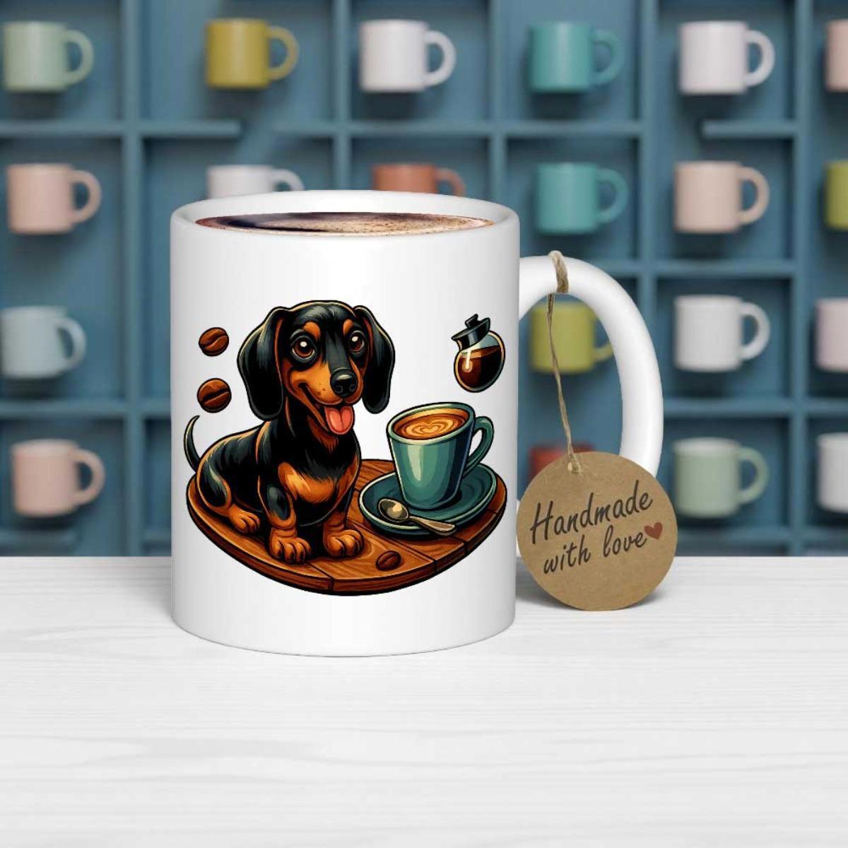Tailorly White Ceramic 11 oz Mug - Adorable Black And Tan Wiener Dog Sitting Beside Steaming Hot Coffee Dachshund