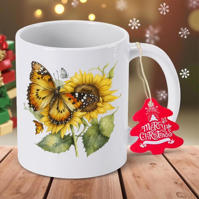 Tailorly White Ceramic 11 oz Mug - Merry Christmas Vibrant Yellow Petals With Delicate Green Leaves And Detailed Wings Butterfly