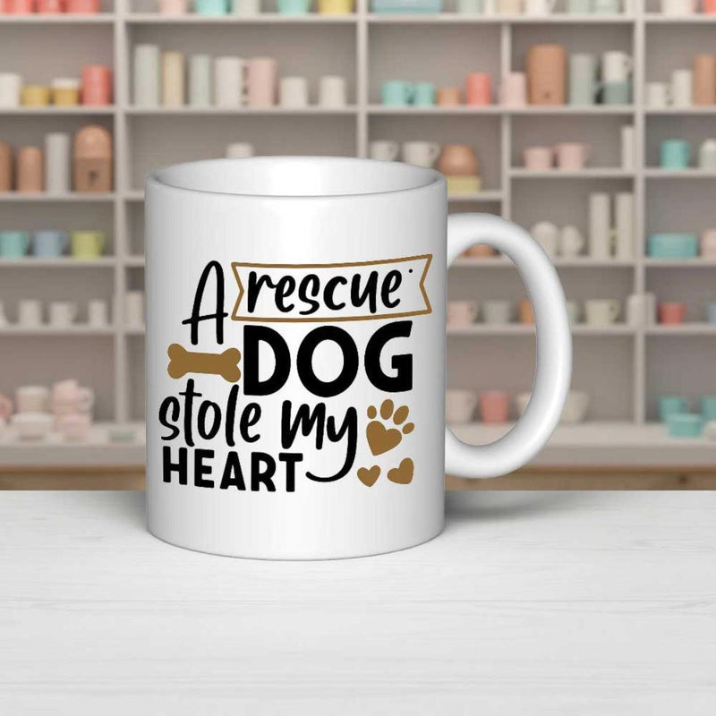 Tailorly White Ceramic 11 oz Mug - A Rescue Dog Stole My Heart Simple Typography Design With Paw Prints And Bone Heart