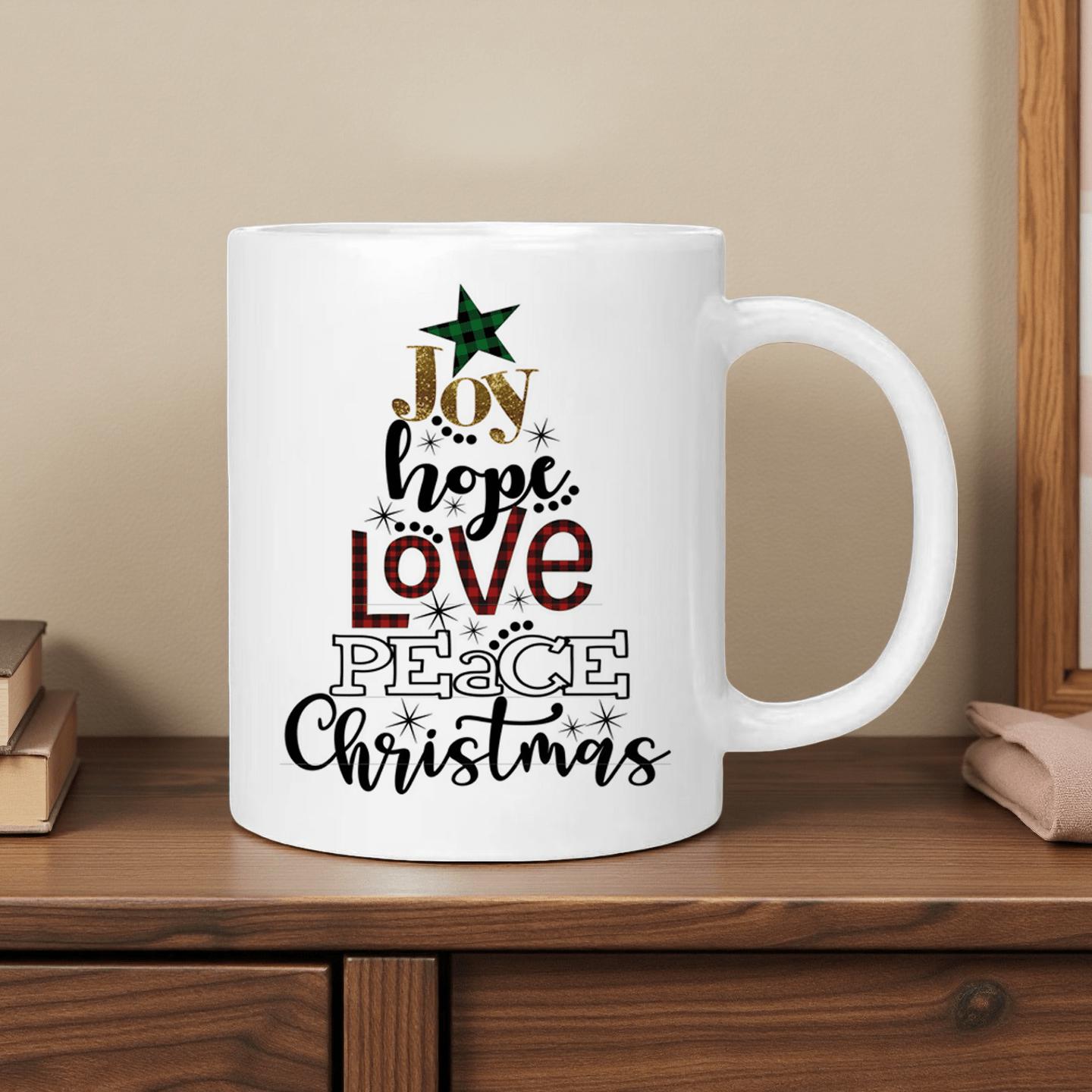 Tailorly White Ceramic 11 oz Mug - Joy Hope Love Peace Christmas Artistically Arranged Festive Words Creating A Minimalist Decorative Holiday Silhouette Tree