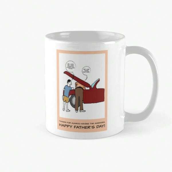 Tailorly White Ceramic 11 oz Mug - Happy Father's Day Father And Son Repairing Red Vintage Vehicle Under Open Hood Car