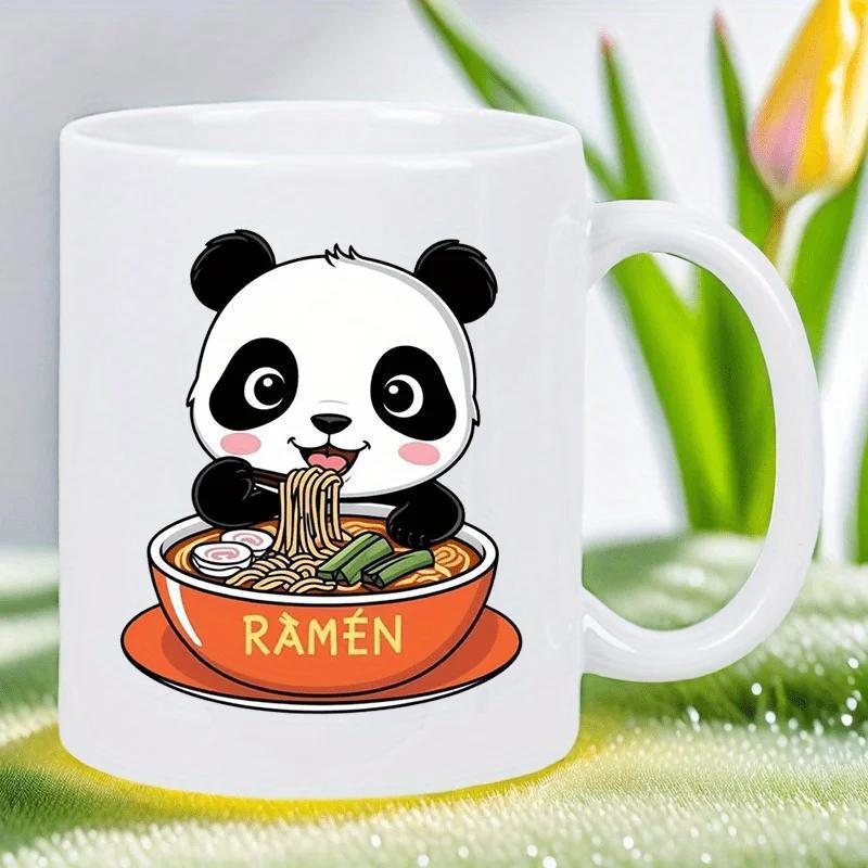 Tailorly White Ceramic 11 oz Mug - Ramen Adorable Cartoon Animal Enjoying A Delicious Bowl Of Steaming Hot Panda