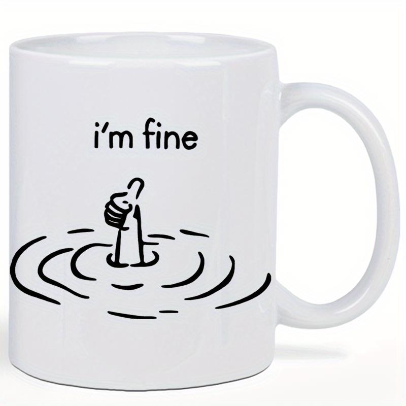 Tailorly White Ceramic 11 oz Mug - Im Fine Minimalist Black Line Art Showing Thumbs Up Emerging From Rippling Water Waves Hand