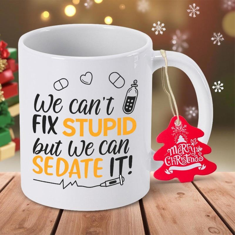Tailorly White Ceramic 11 oz Mug - We Cant Fix Stupid But We Can Sedate It Merry Christmas Medical Icons Including Pills Heart Syringe And Iv Bag Mug