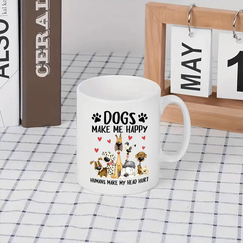 Tailorly White Ceramic 11 oz Mug - Dogs Make Me Happy Humans Make My Head Hurt Various Cute Cartoon Puppies Sitting Together Under Floating Red Hearts Dogs