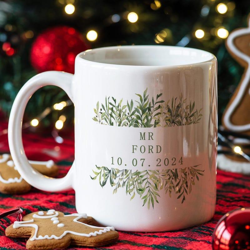 Tailorly White Ceramic 11 oz Mug - Mr Ford Elegant Green Botanical Sprigs Framed Around Commemorative Text Foliage Mug