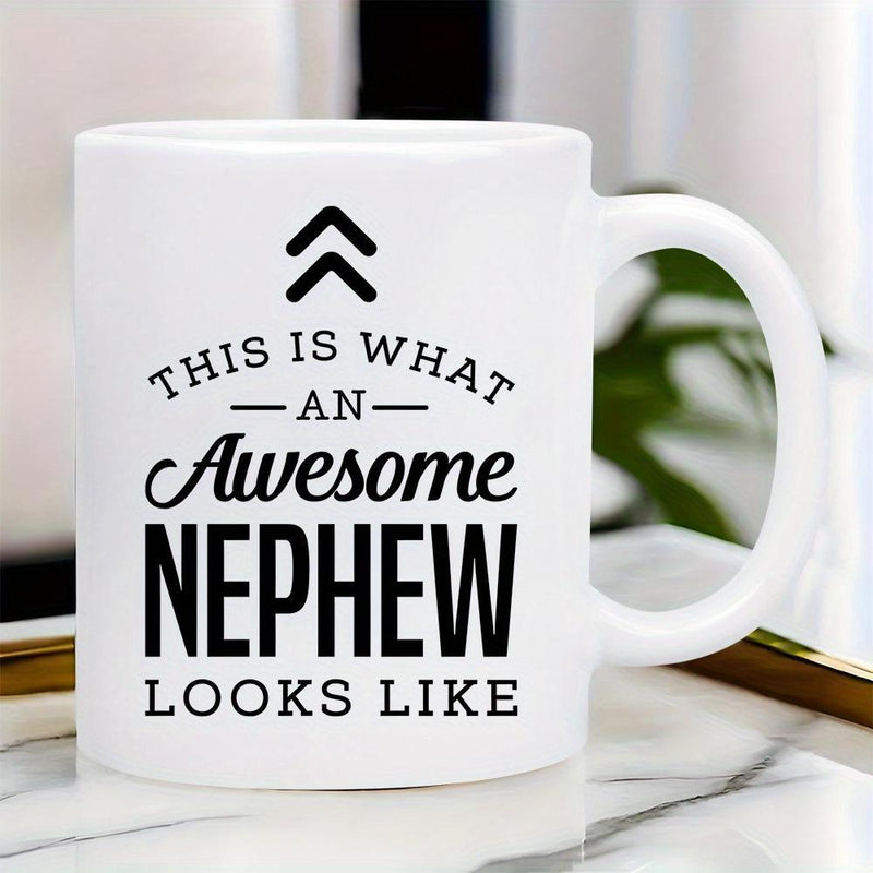 Tailorly White Ceramic 11 oz Mug - This Is What An Awesome Nephew Looks Like Minimalist Black Arrows With Bold Decorative Script And Sans Serif Typography Mug