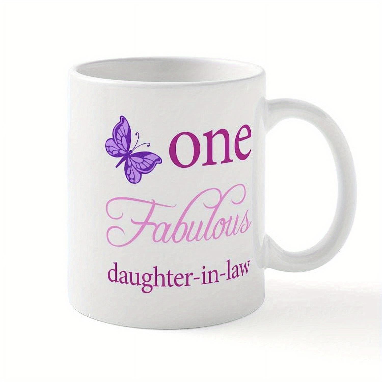 Tailorly White Ceramic 11 oz Mug - One Fabulous Daughter In Law Intricate Purple Wings Resting Peacefully Beside Elegant Script Lettering Decorative Garden
