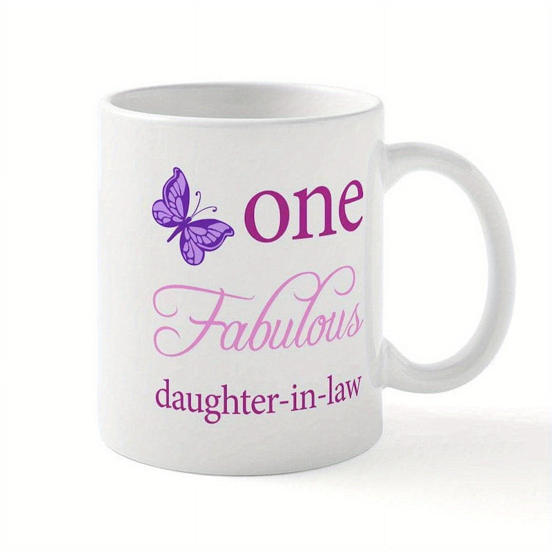 Tailorly White Ceramic 11 oz Mug - One Fabulous Daughter In Law Intricate Purple Wings Resting Peacefully Beside Elegant Script Lettering Decorative Garden
