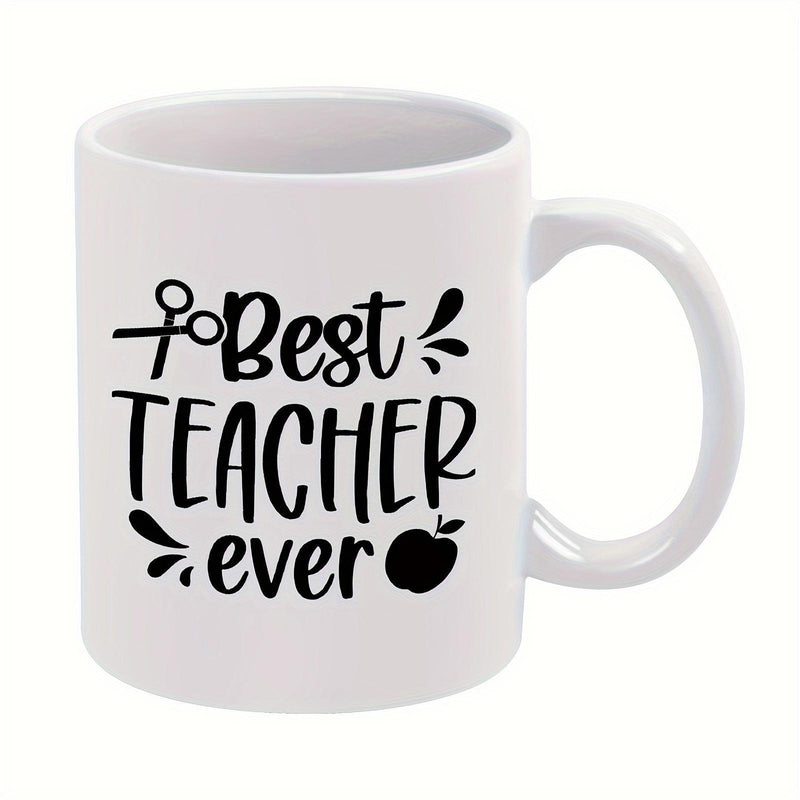 Tailorly White Ceramic 11 oz Mug - Best Teacher Ever Simple Black Educational Icons Featuring Sharp Scissors And A Small Apple Mug