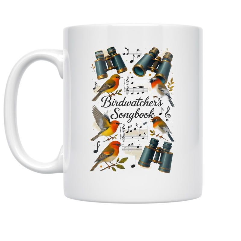 Tailorly White Ceramic 11 oz Mug - Birdwatchers Songbook Several Colorful Robins Perching Near Binoculars And Musical Notes Bird
